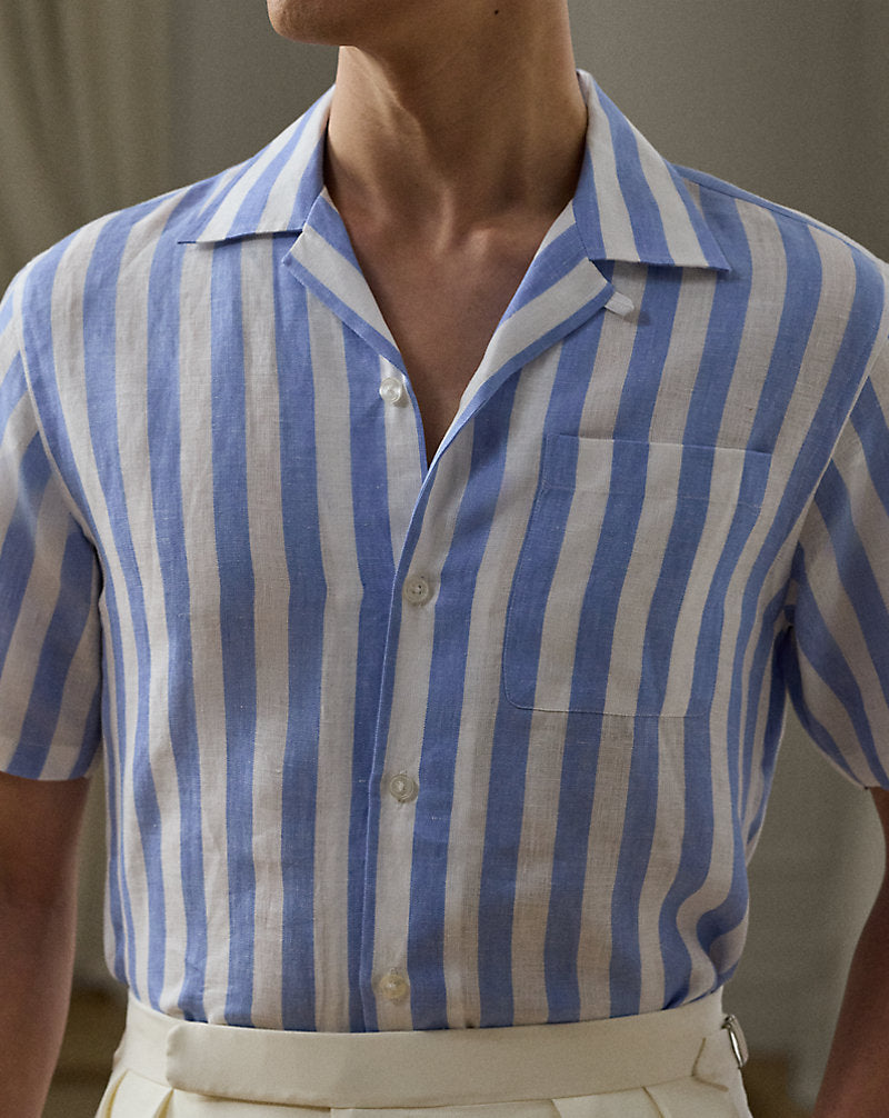 Striped Linen Camp Shirt Cornflower Blue/White