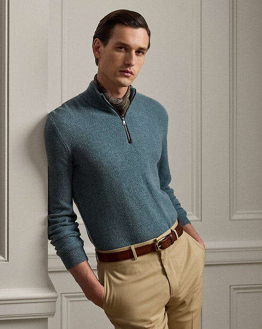 Birdseye Cashmere Quarter-Zip Jumper Blue Multi