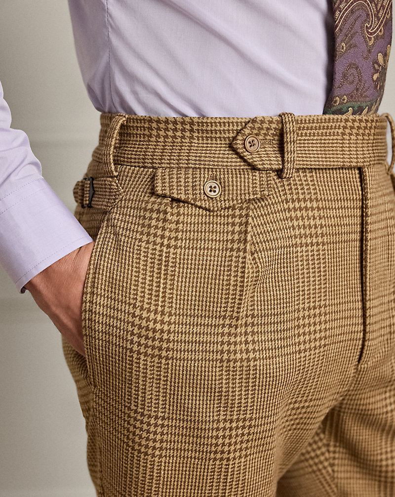 Hand-Tailored Plaid Jersey Suit Trouser Camel/Light Brown